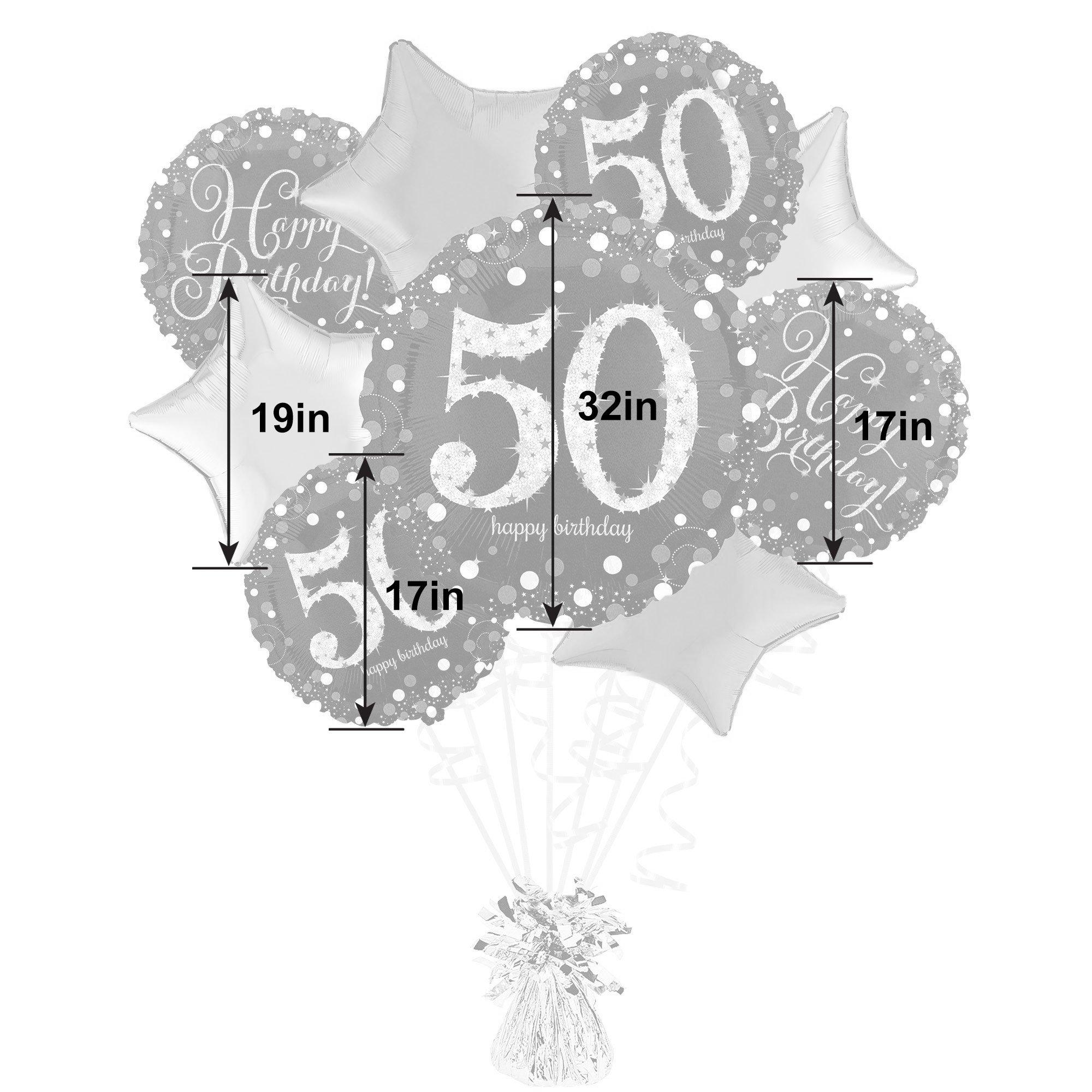 Sparkling Celebration 50th Birthday Foil Balloon Bouquet with Balloon Weight, 10pc